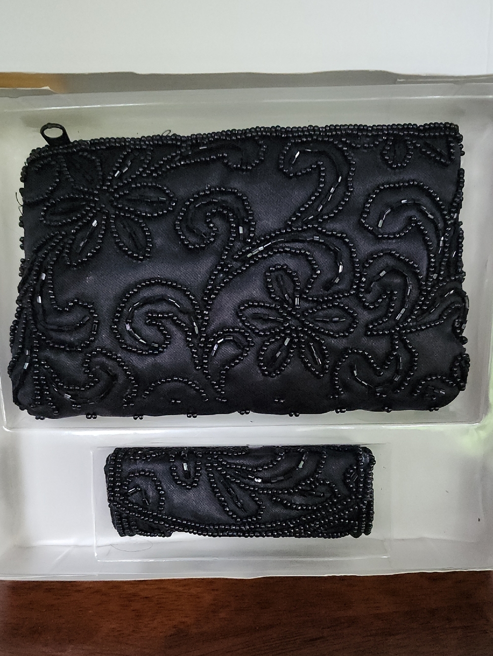 Elegant Black Beaded Evening Clutch and Lipstick Case